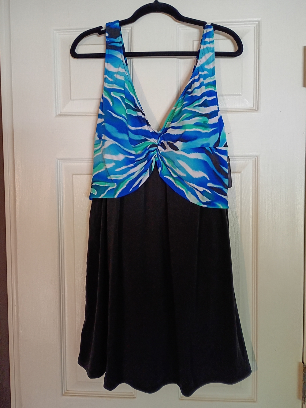 Blue & Green Twist-Front Swimdress with Black Skirt